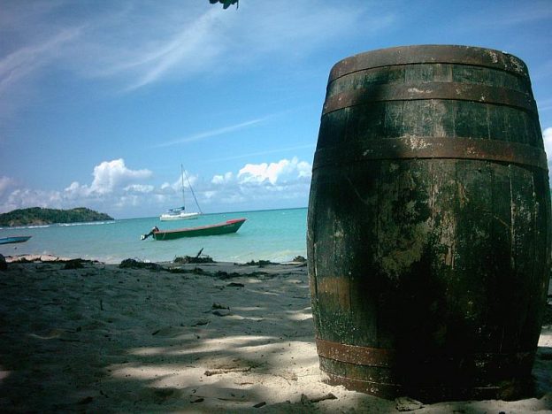 Wooden barrel on Paradise beach of Carriacou.