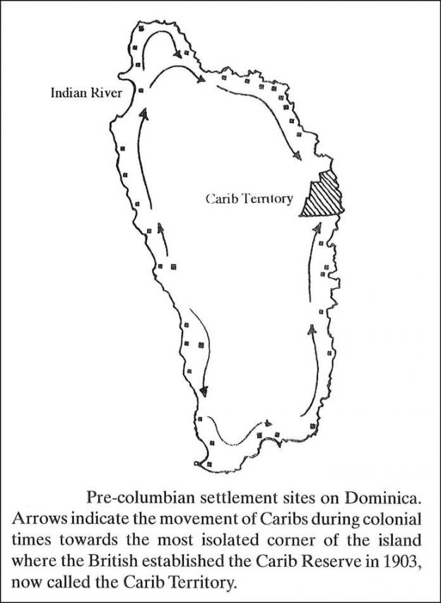 Historic Caribbean map of Carib strongholds on Dominica.